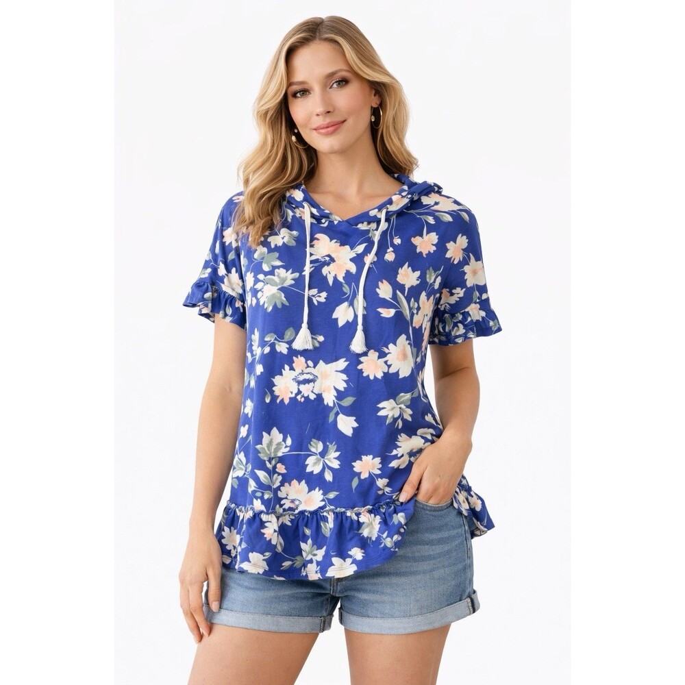 Ninexis Women's Floral Hoodie Top‎ M Blue Ruffle Hem Short Sleeve Boho